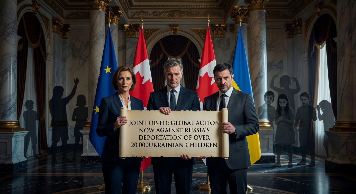 Diplomats from the EU, Canada, and Ukraine advocate for action regarding deported Ukrainian children in a formal setting.