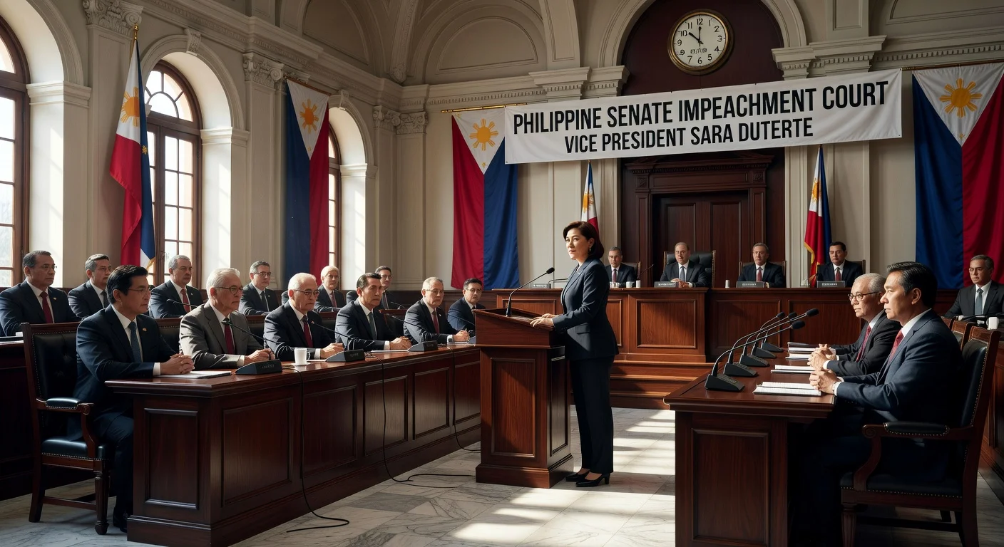 Illustration of the Senate hall during Sara Duterte impeachment trial with senators and the Vice President.