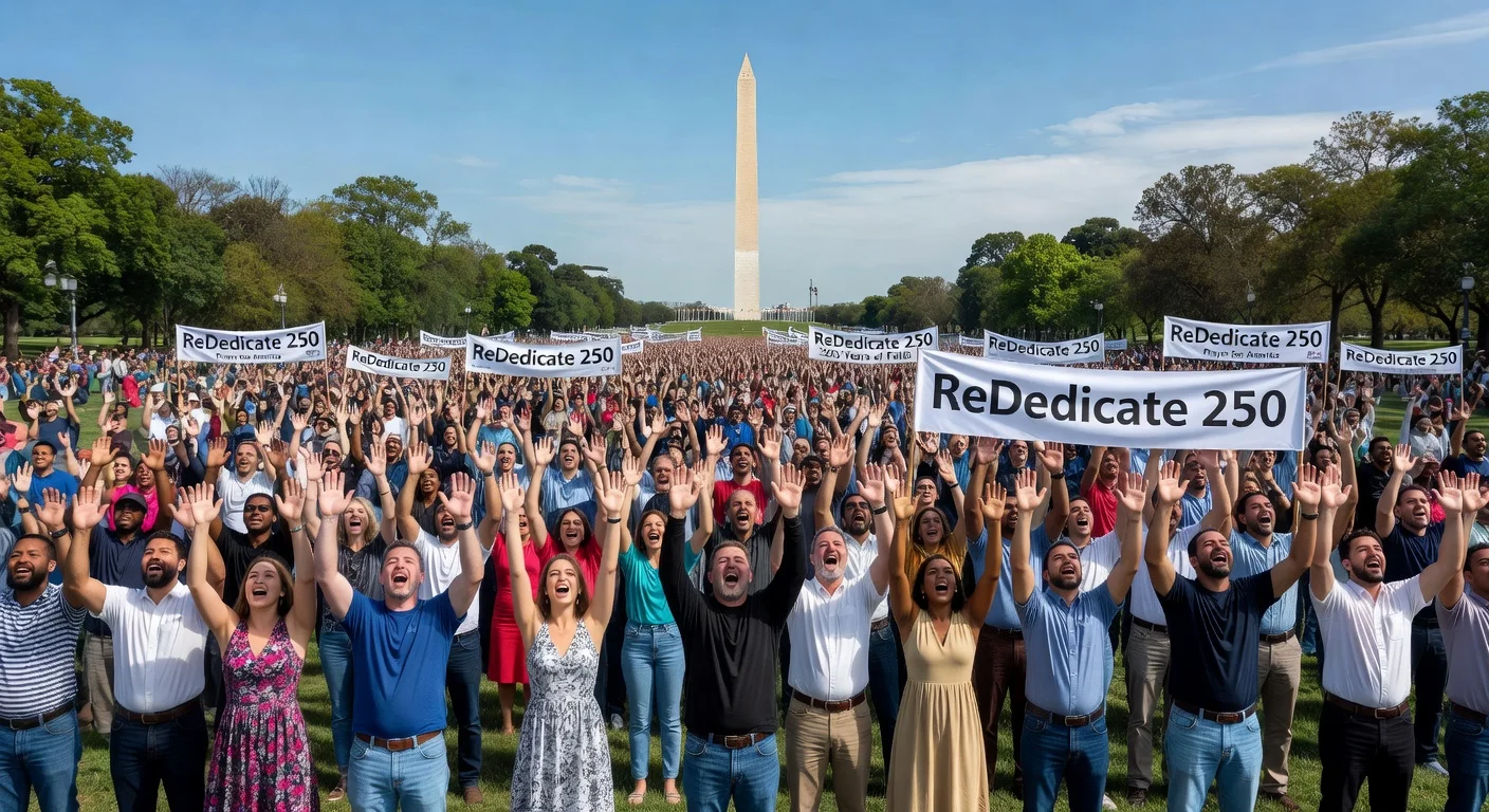 Crowd of Christians praying on the National Mall with Washington Monument in view.