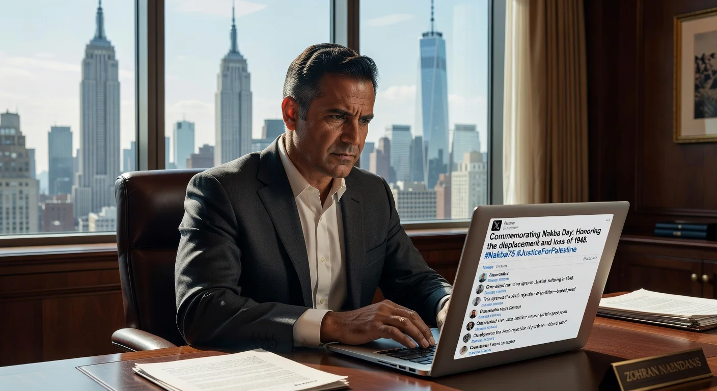 Illustration of NYC Mayor Zohran Mamdani facing backlash for his Nakba Day post on social media.