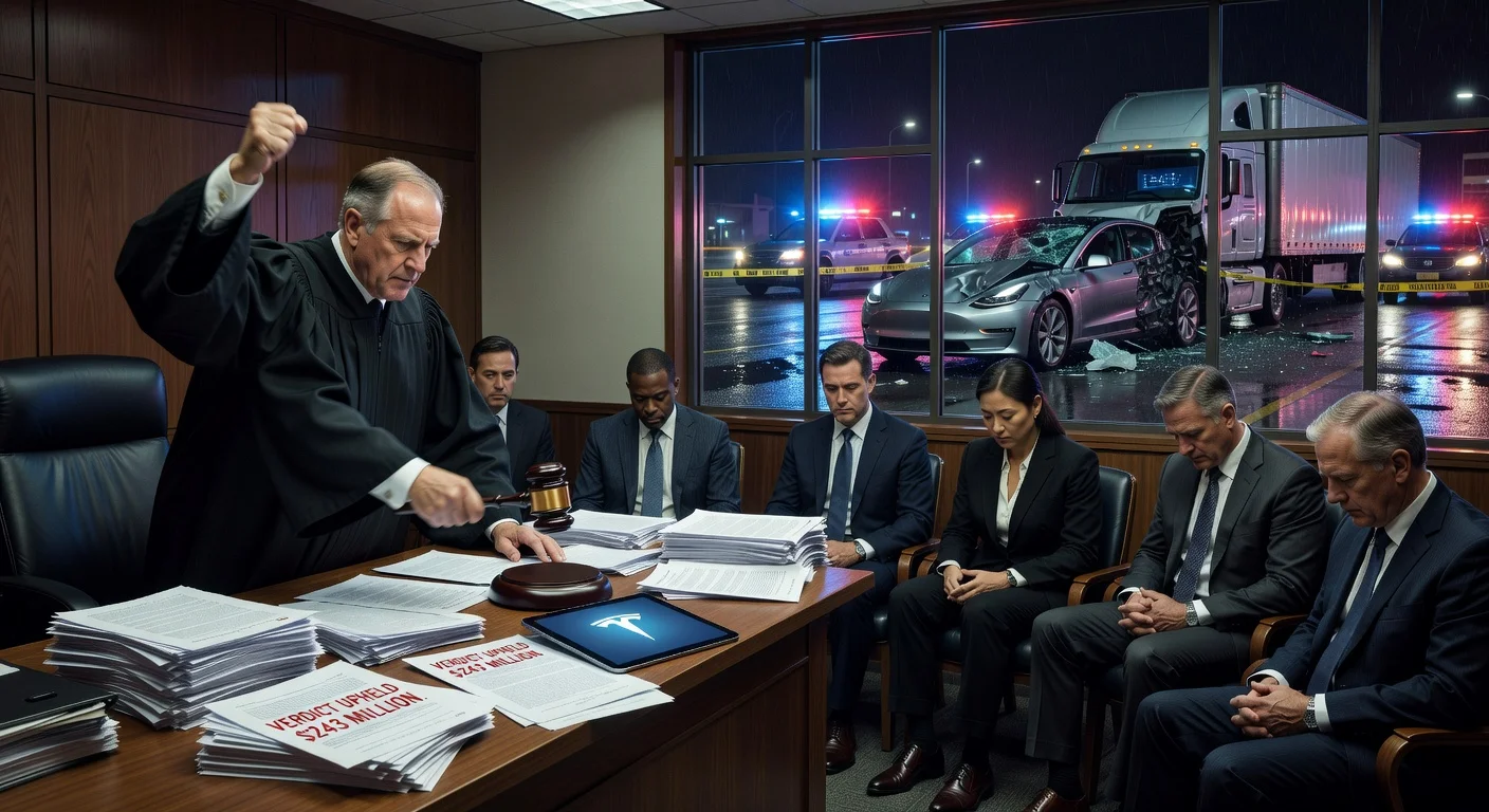 Illustration of a judge upholding $243M verdict against Tesla in Autopilot fatal crash trial, blending courtroom drama with crash wreckage.