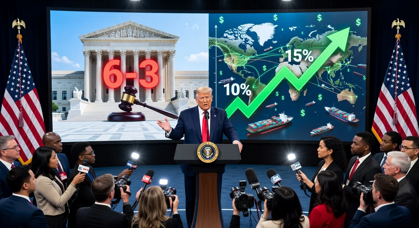President Trump at podium announcing 15% global tariffs after Supreme Court ruling, with court graphic and tariff chart on screen.