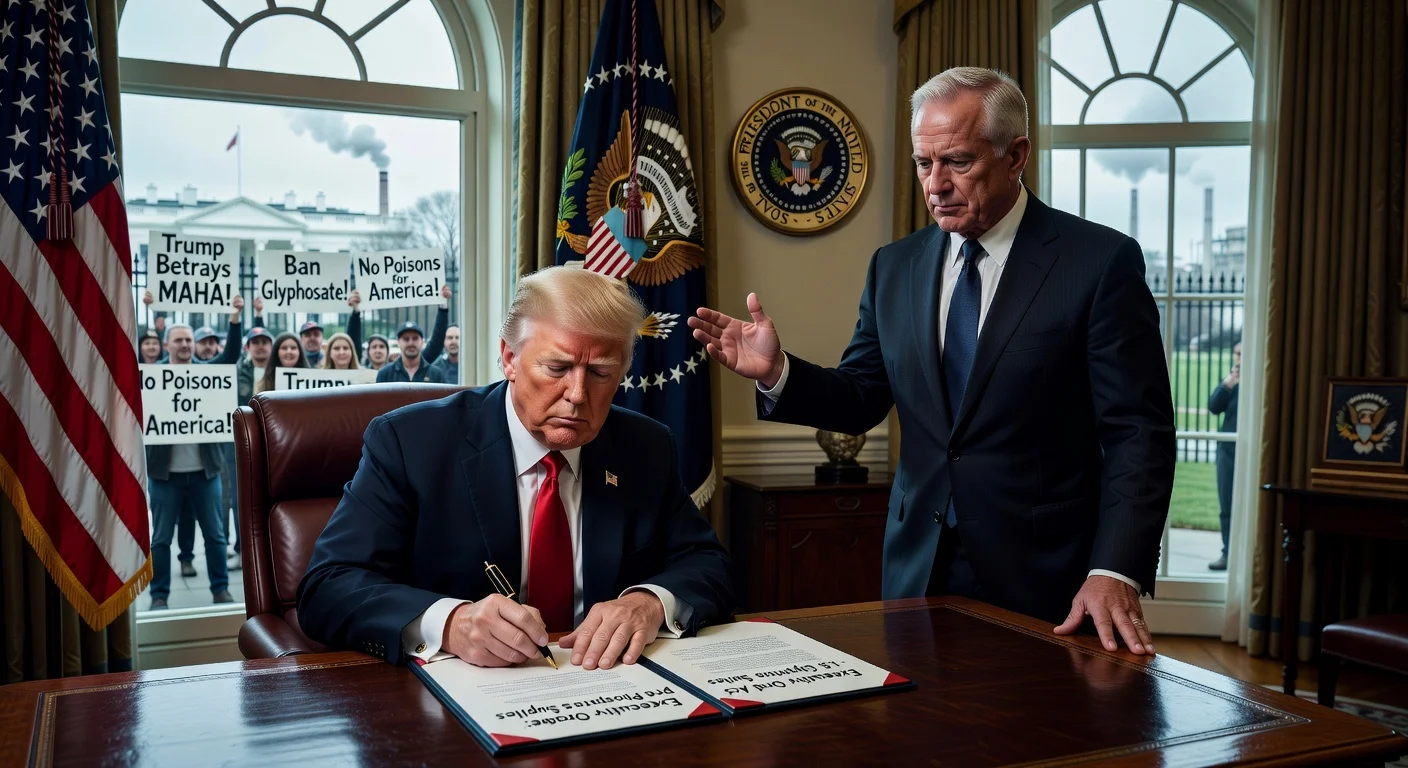 President Trump signs executive order boosting glyphosate production using Defense Production Act, defended by RFK Jr., as MAHA activists protest outside.