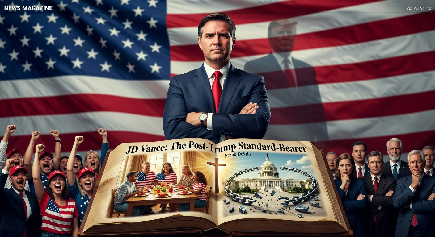Illustration of JD Vance as emerging post-Trump Republican leader, with DeVito's book, family-faith-disruption themes, and divided GOP reactions.