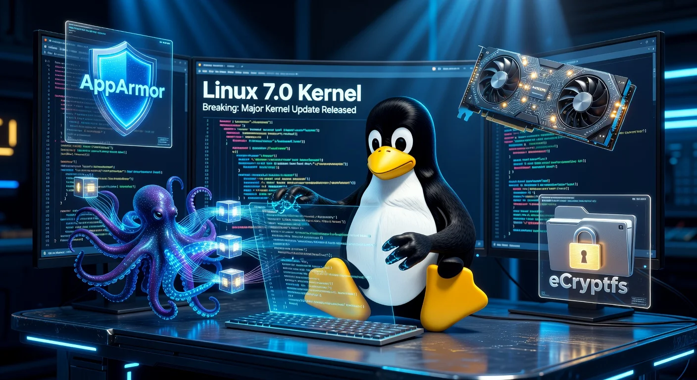 Illustration depicting Linux 7.0 kernel enhancements to AppArmor, AMDGPU, Ceph, and eCryptfs, featuring Tux at a coding workstation.