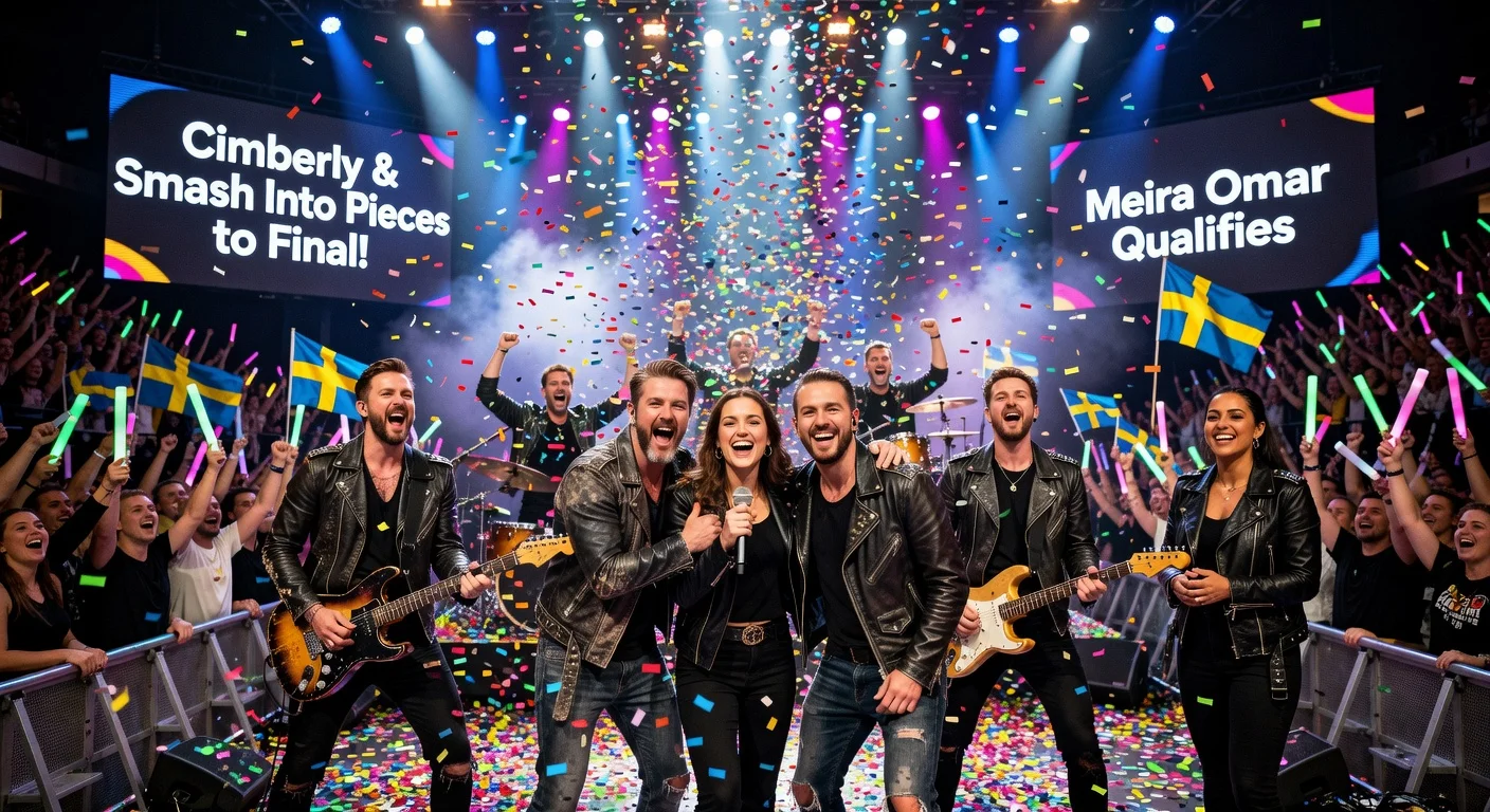 Cimberly and Smash Into Pieces celebrate advancing to the Melodifestivalen final, with Meira Omar qualifying, at Malmö Arena semi-final.
