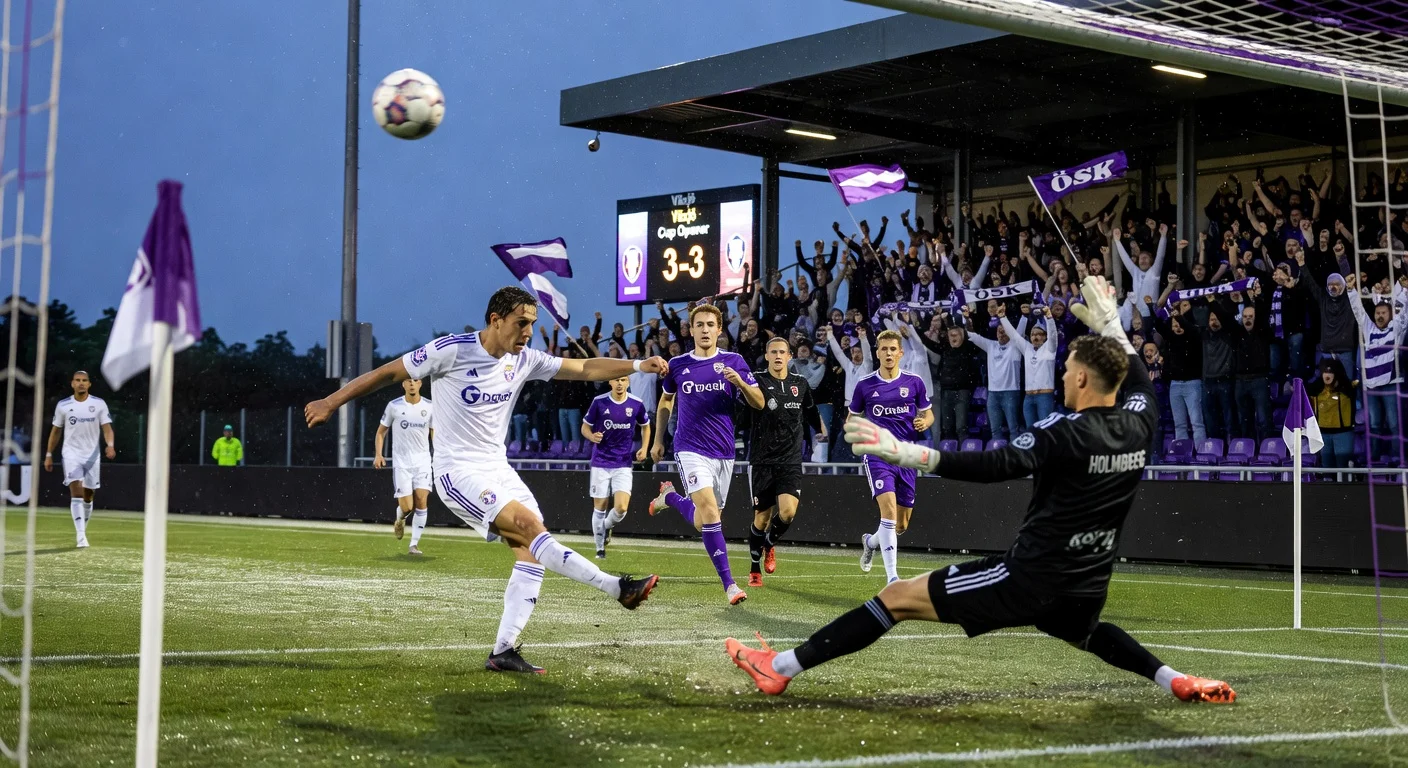 Dramatic soccer action shot of ÖSK player Kalle Holmberg scoring a penalty in the 3-3 thriller against Öster in the cup opener.