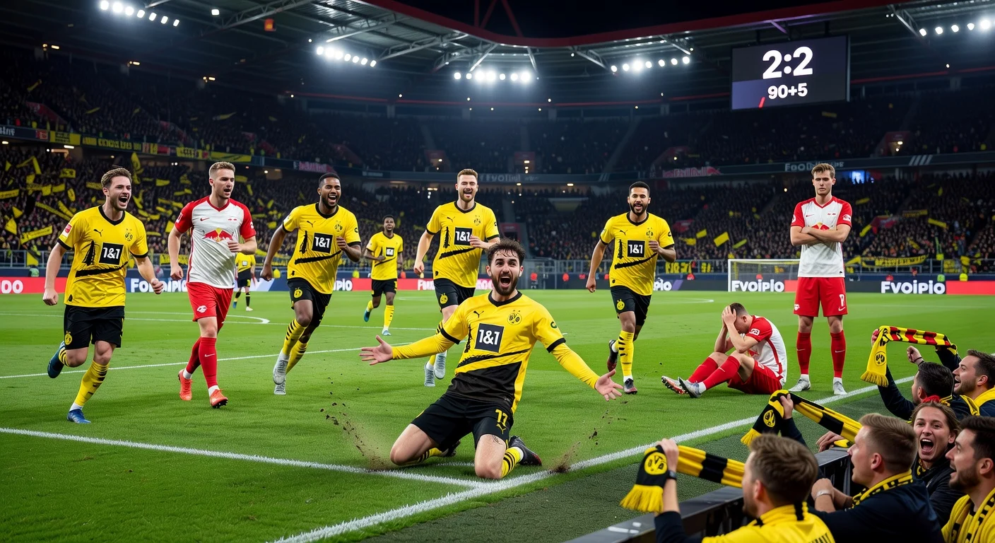 Borussia Dortmund celebrates Fábio Silva's late equalizer for a 2-2 draw against RB Leipzig in the Bundesliga.