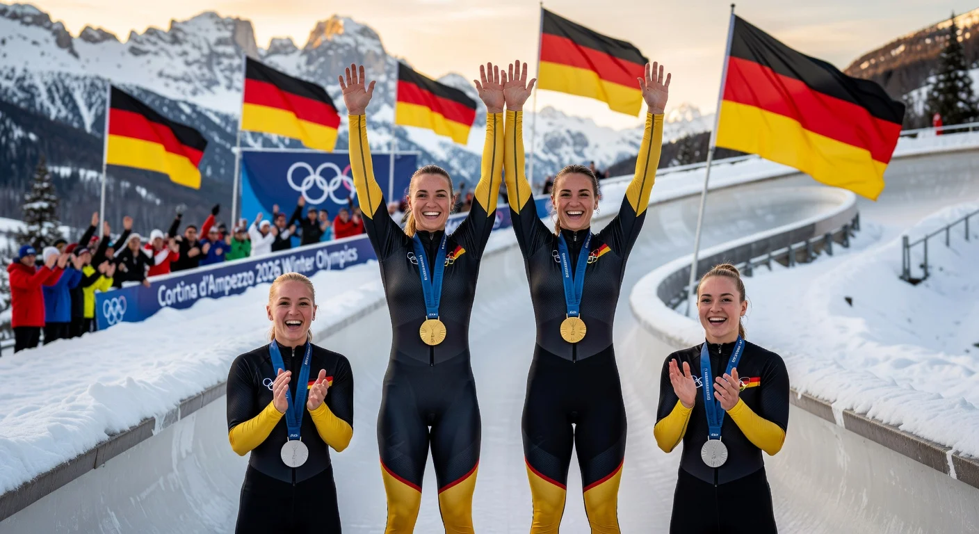 German bobsledders Laura Nolte, Deborah Levi (gold), Lisa Buckwitz, and Nele Schuten (silver) celebrate on the podium at the 2026 Winter Olympics.