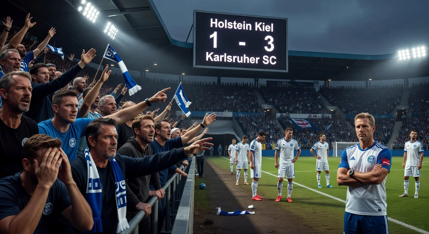 Disappointed Holstein Kiel fans and dejected players after 1:3 defeat to Karlsruher SC in 2. Bundesliga match.