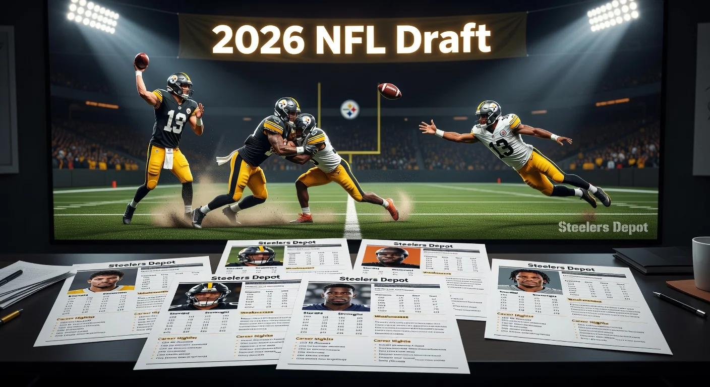 Illustration of Steelers Depot's 2026 NFL Draft prospect scouting reports with player action highlights.