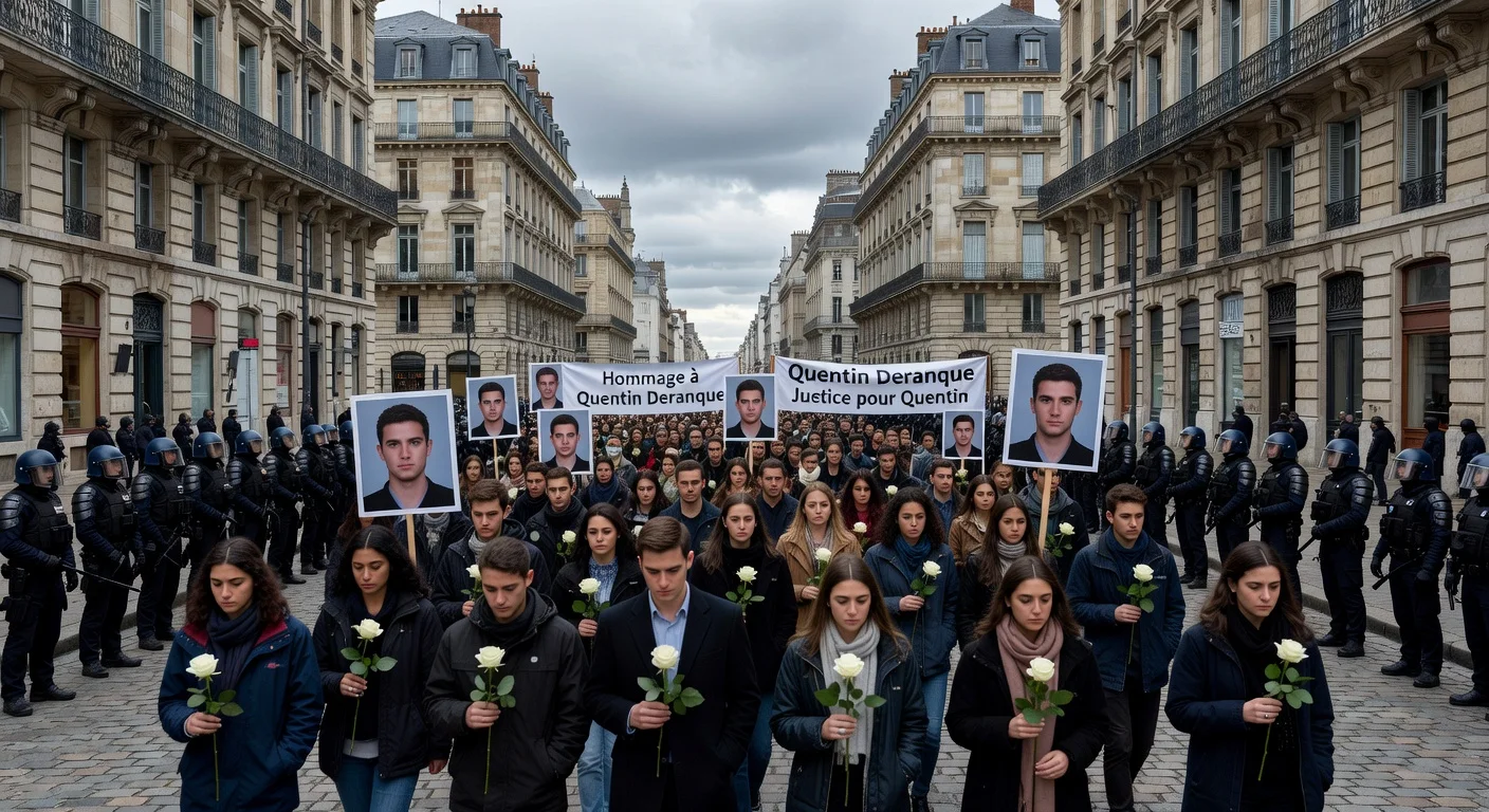Thousands marching peacefully in Lyon to honor student Quentin Deranque, with enhanced police security.