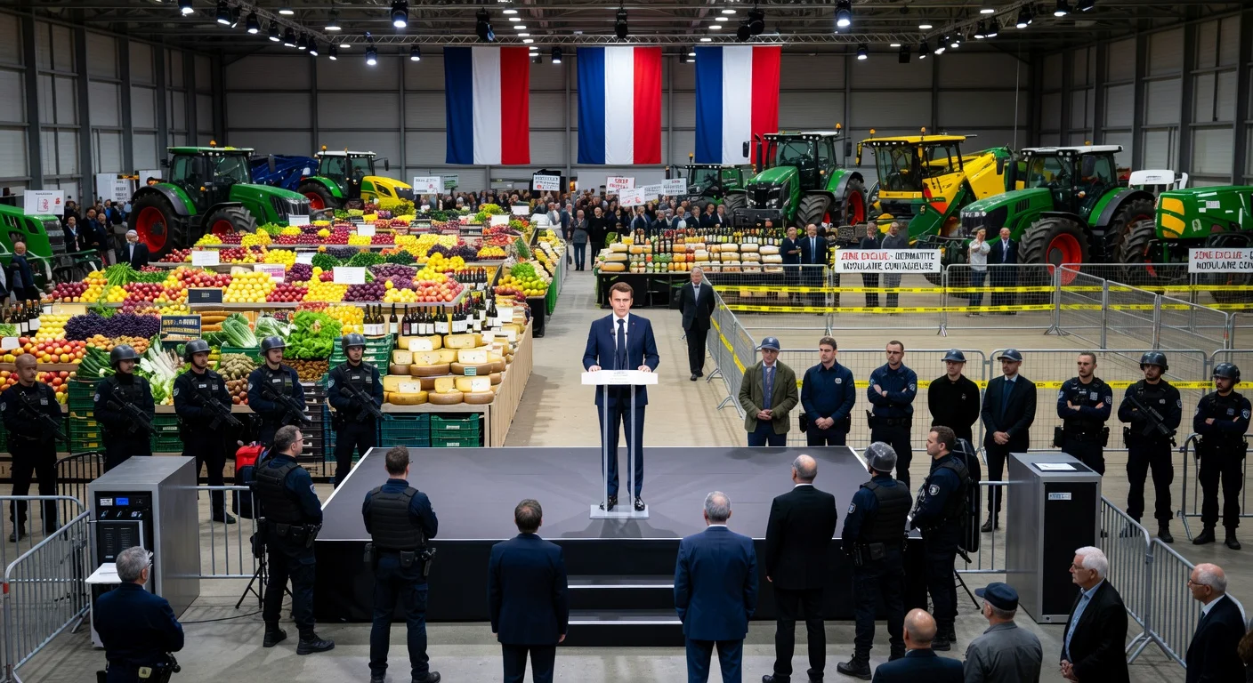 Emmanuel Macron inaugurates the cattle-free Salon de l’Agriculture in Paris amid high security and a sterile atmosphere.