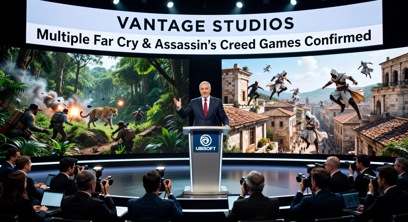 Ubisoft CEO Yves Guillemot announces new Far Cry and Assassin's Creed games at a press conference, with game artwork on screens behind him.
