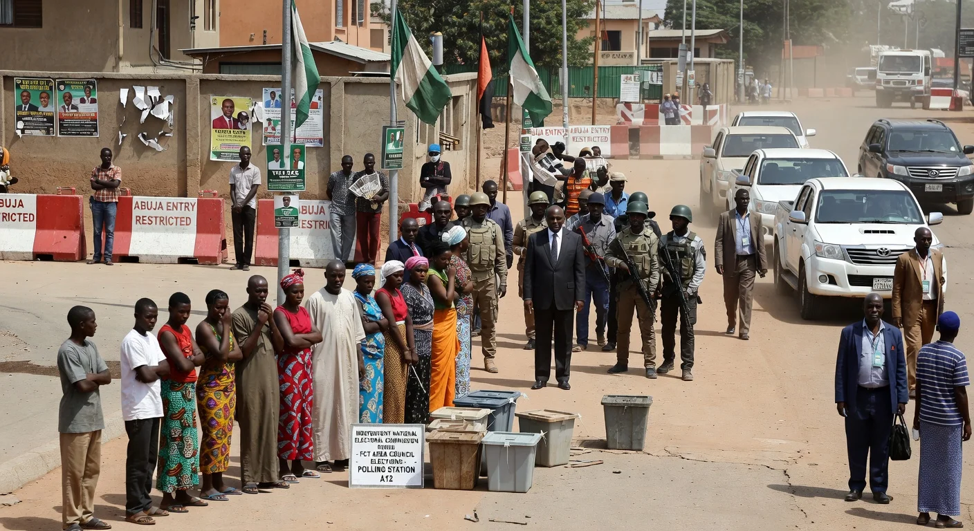 News illustration depicting low turnout, late openings, and voter intimidation by Minister Wike's presence at an Abuja polling station during FCT elections.