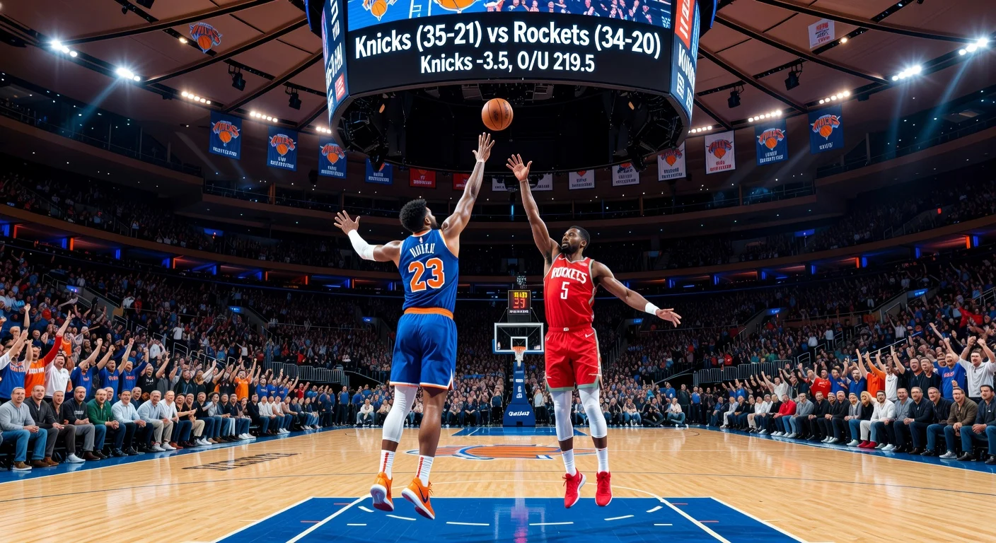 Photorealistic image of Knicks vs. Rockets NBA tip-off at Madison Square Garden, highlighting game excitement, records, and betting odds.