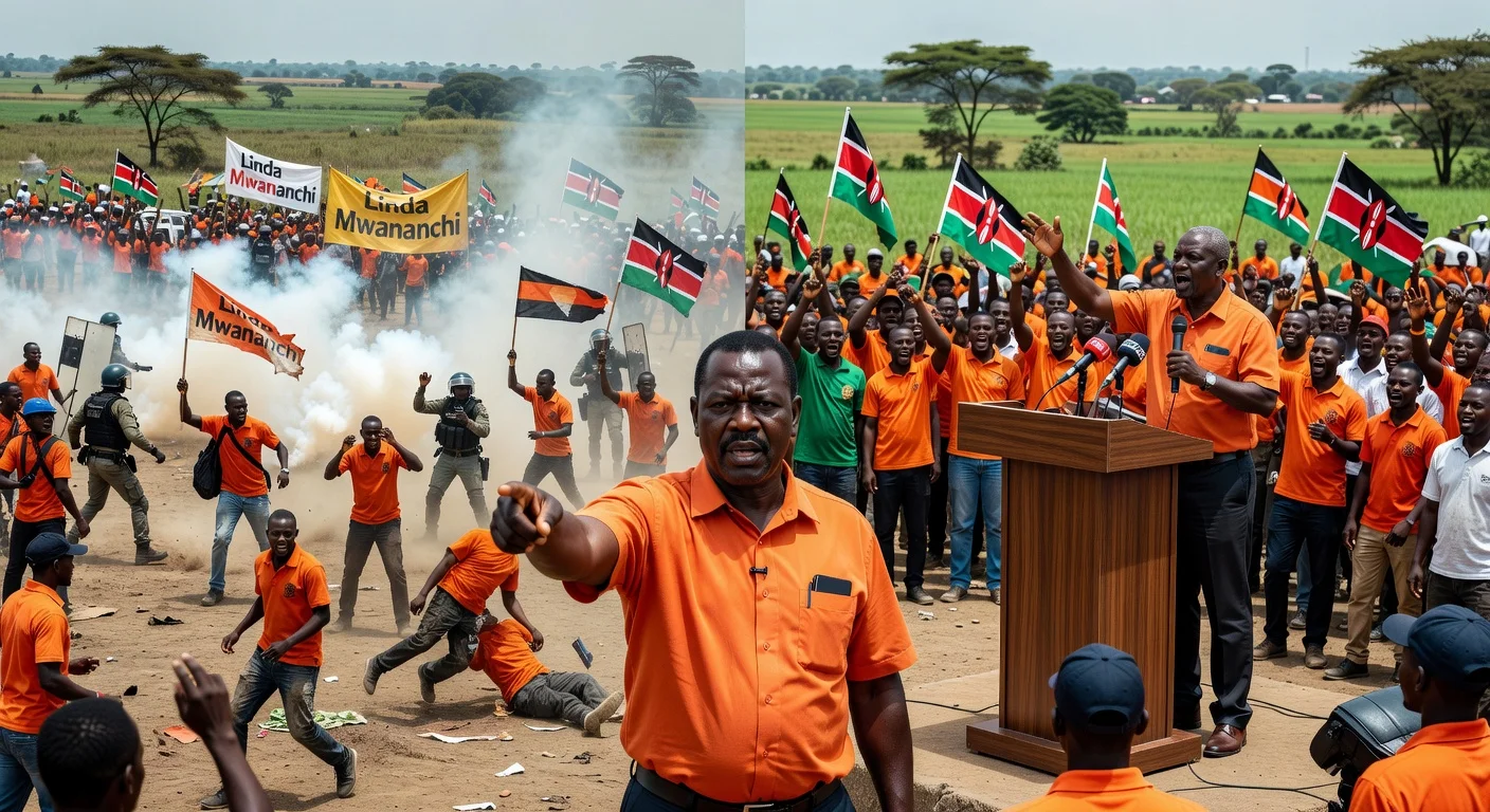 Illustration depicting ODM factions' rival rallies in Siaya and Kakamega, teargas chaos, and Oburu Odinga's call for unhappy members to leave.