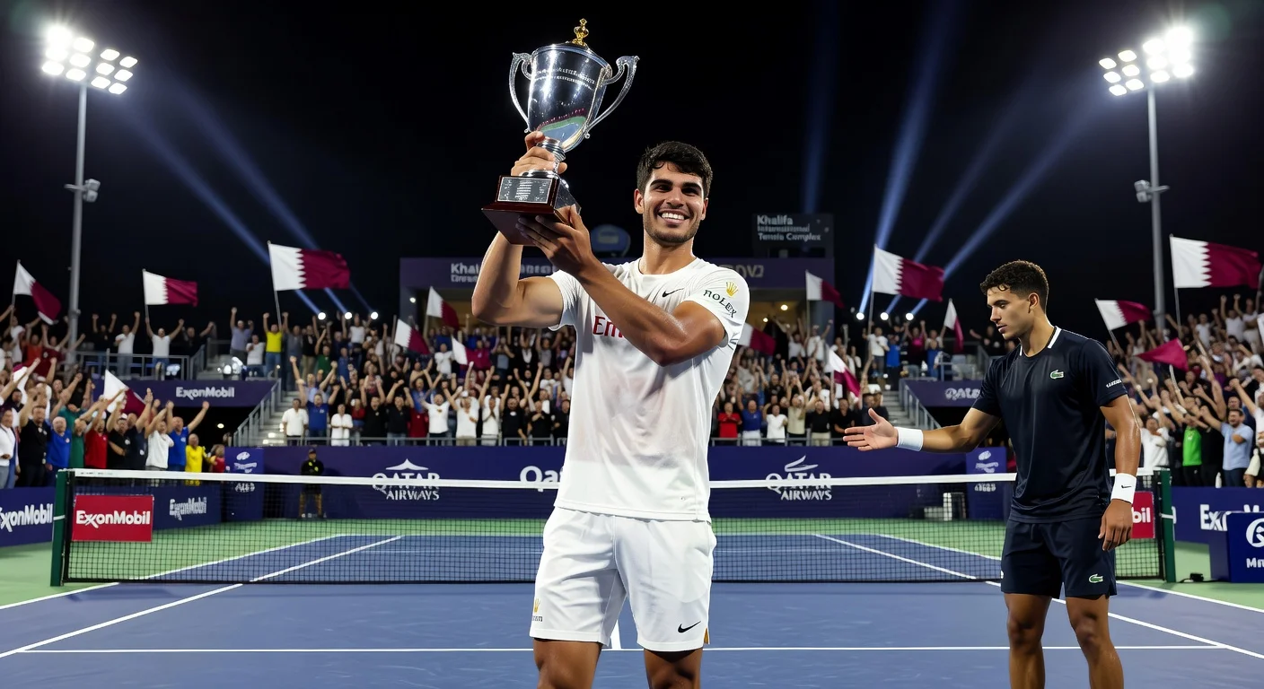 Carlos Alcaraz lifts Qatar Open trophy in victory celebration after defeating Arthur Fils.