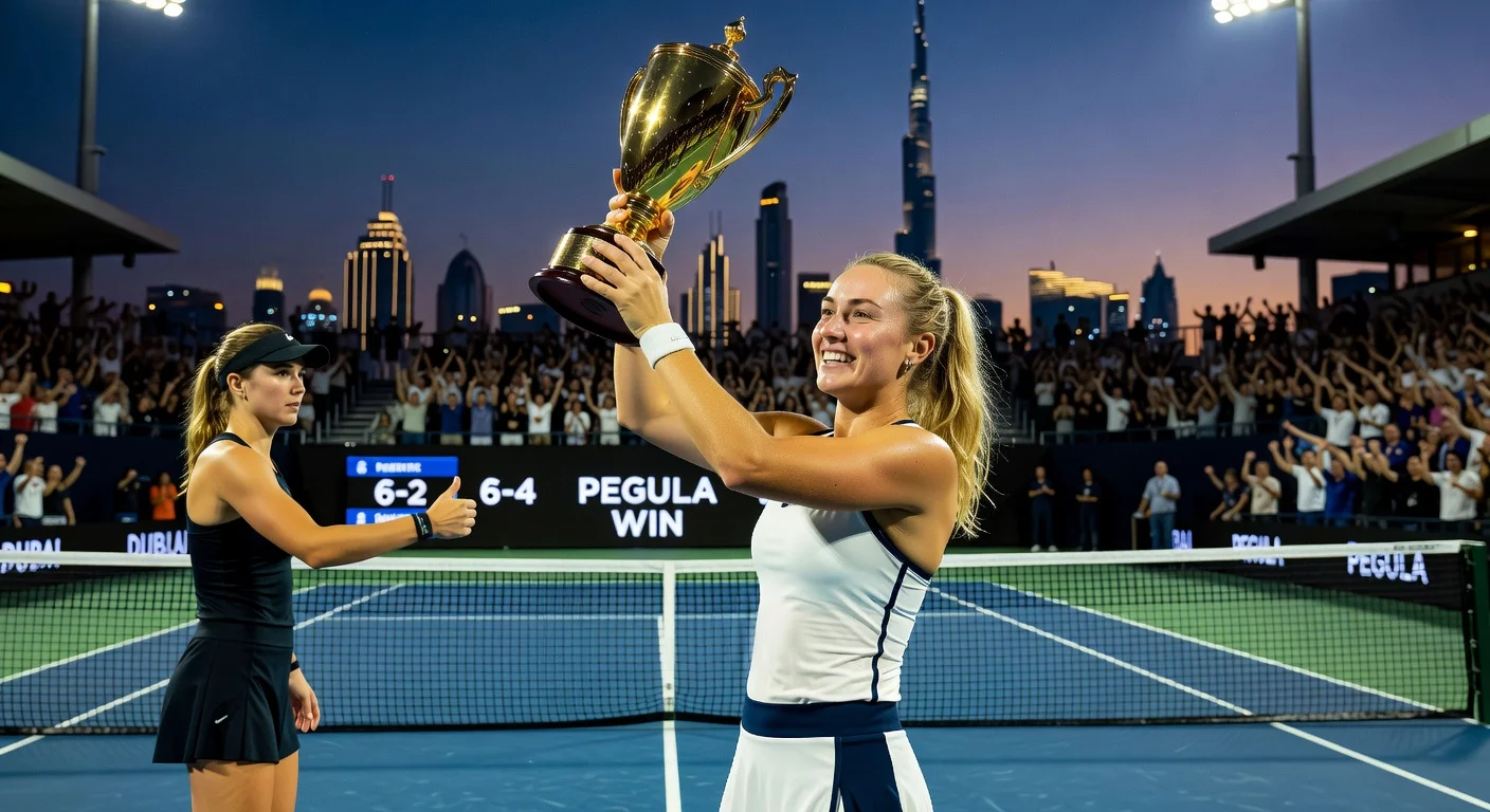 Jessica Pegula triumphs with Dubai Tennis trophy after beating Elina Svitolina 6-2, 6-4.