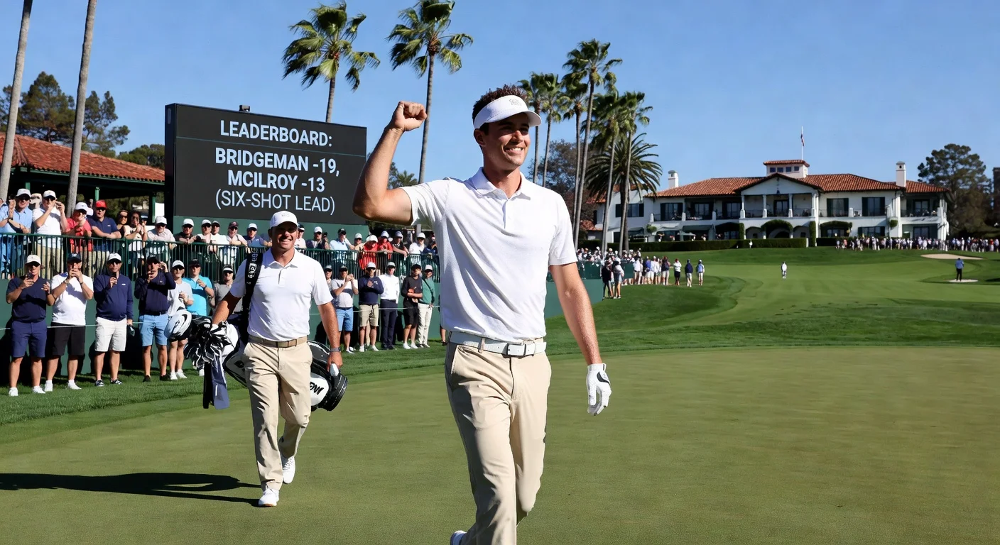Jacob Bridgeman celebrates six-shot lead at 19-under par entering final round of Genesis Invitational at Riviera Country Club.
