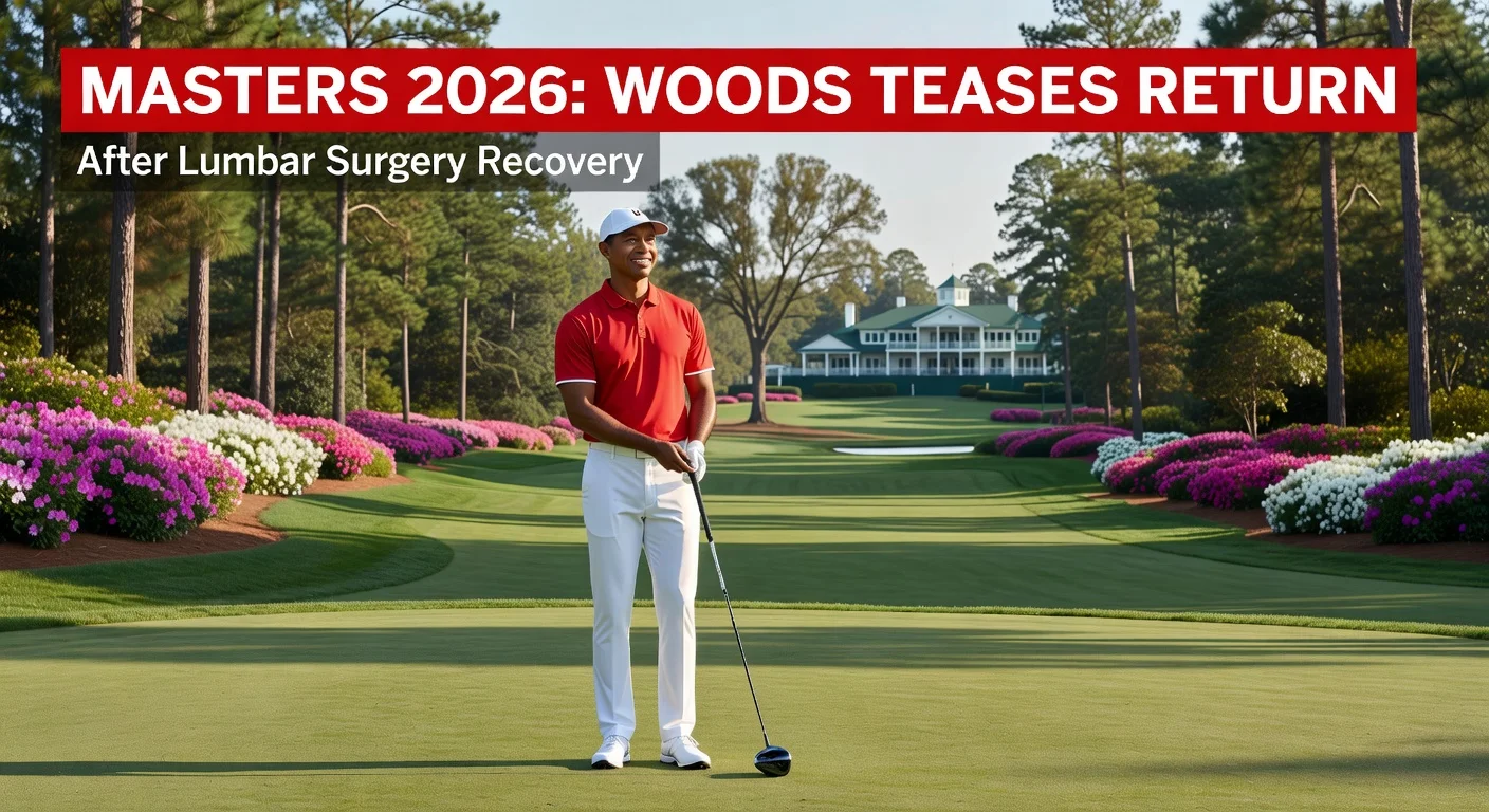 Tiger Woods on Augusta National fairway, teasing possible 2026 Masters comeback after surgery.
