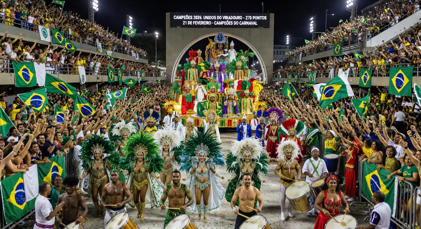 Vibrant nighttime scene of Rio's Carnival Champions Parade at Sapucaí, featuring Unidos do Viradouro performers and cheering crowds.