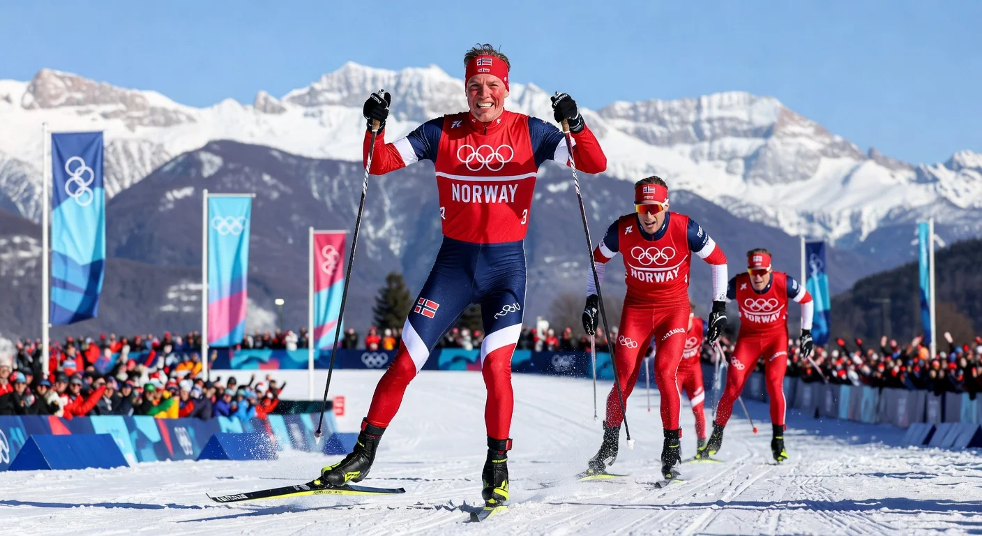 Johannes Høsflot Klæbo wins gold in the 50km cross-country ski race at the 2026 Olympics, sweeping the podium with Norwegian teammates.