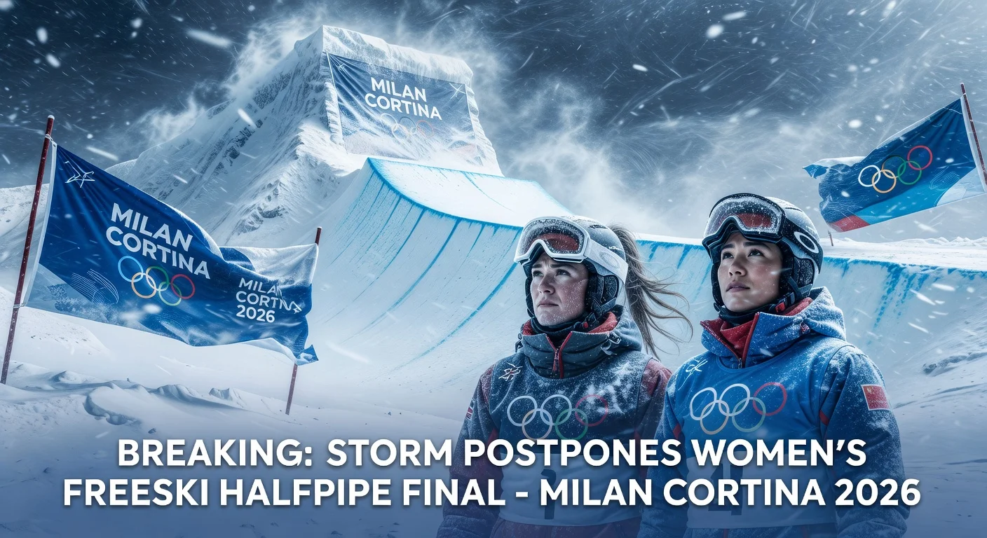 Winter storm delays women's freeski halfpipe Olympic final; athletes Zoe Atkin and Eileen Gu brave the blizzard at Milan Cortina 2026 venue.