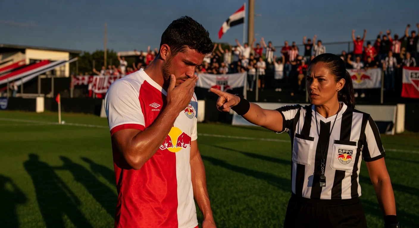 Red Bull Bragantino defender Gustavo Marques faces off against referee Daiane Muniz on the field amid controversy over misogynistic remarks.