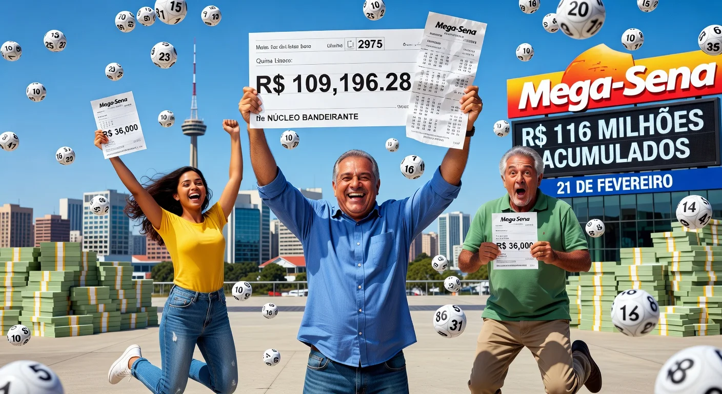 Photorealistic illustration of three Federal District residents celebrating their Mega-Sena quina wins, with prize checks and jackpot details.
