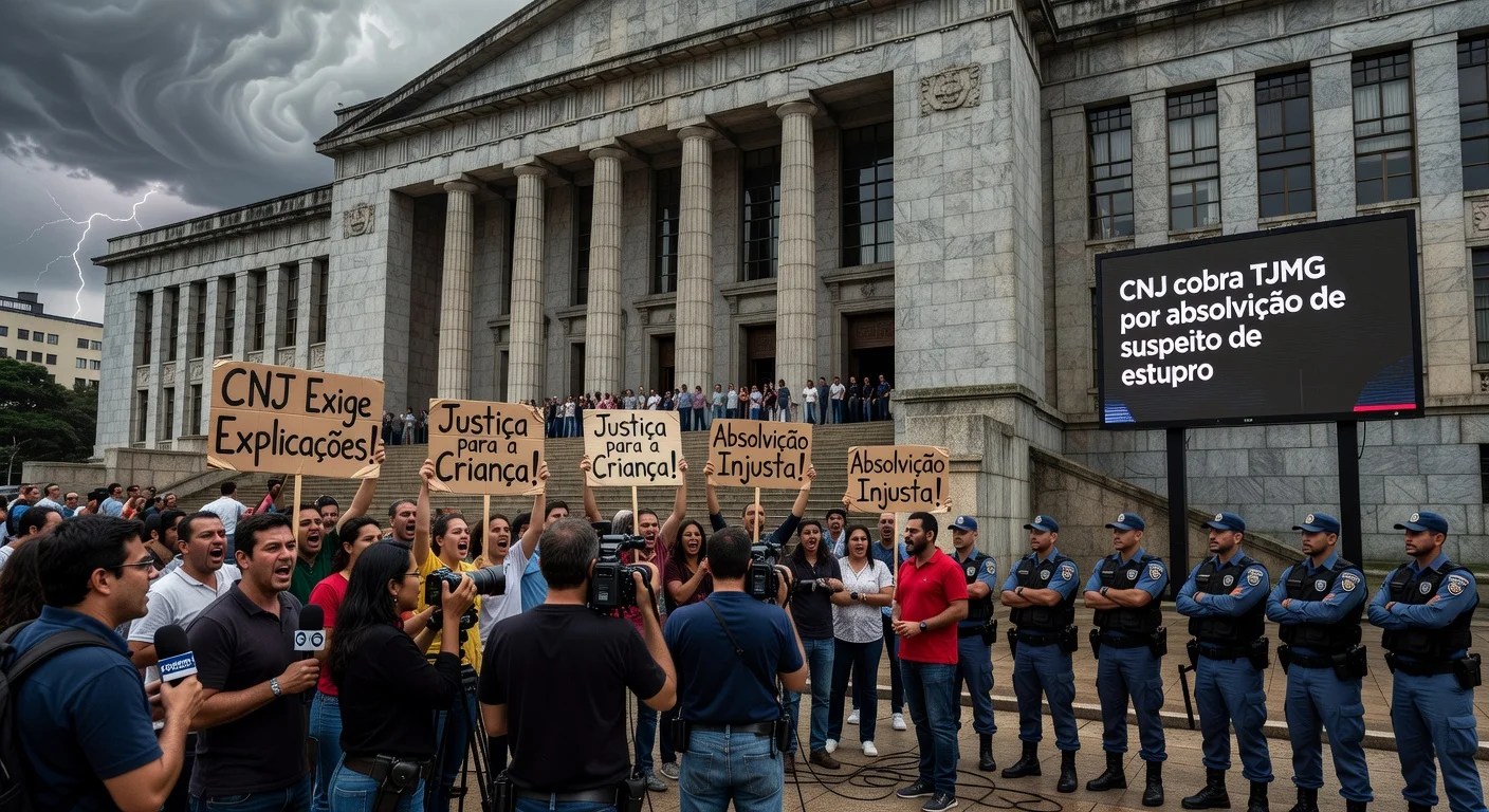 Protest outside Minas Gerais Court of Justice demanding explanations from CNJ over controversial acquittal of rape suspect.