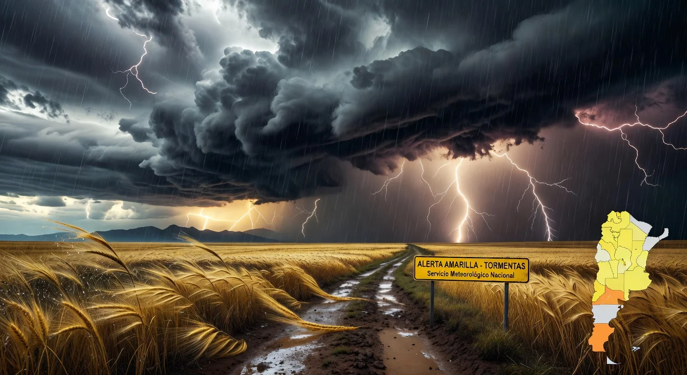 Realistic depiction of severe storm alerts in Argentina, featuring ominous clouds, lightning, rain over pampas with yellow warning sign and alert map.