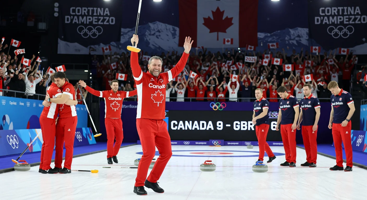 Canada's Brad Jacobs and curling team celebrate 9-6 Olympic gold medal win over Great Britain in 2026 final.