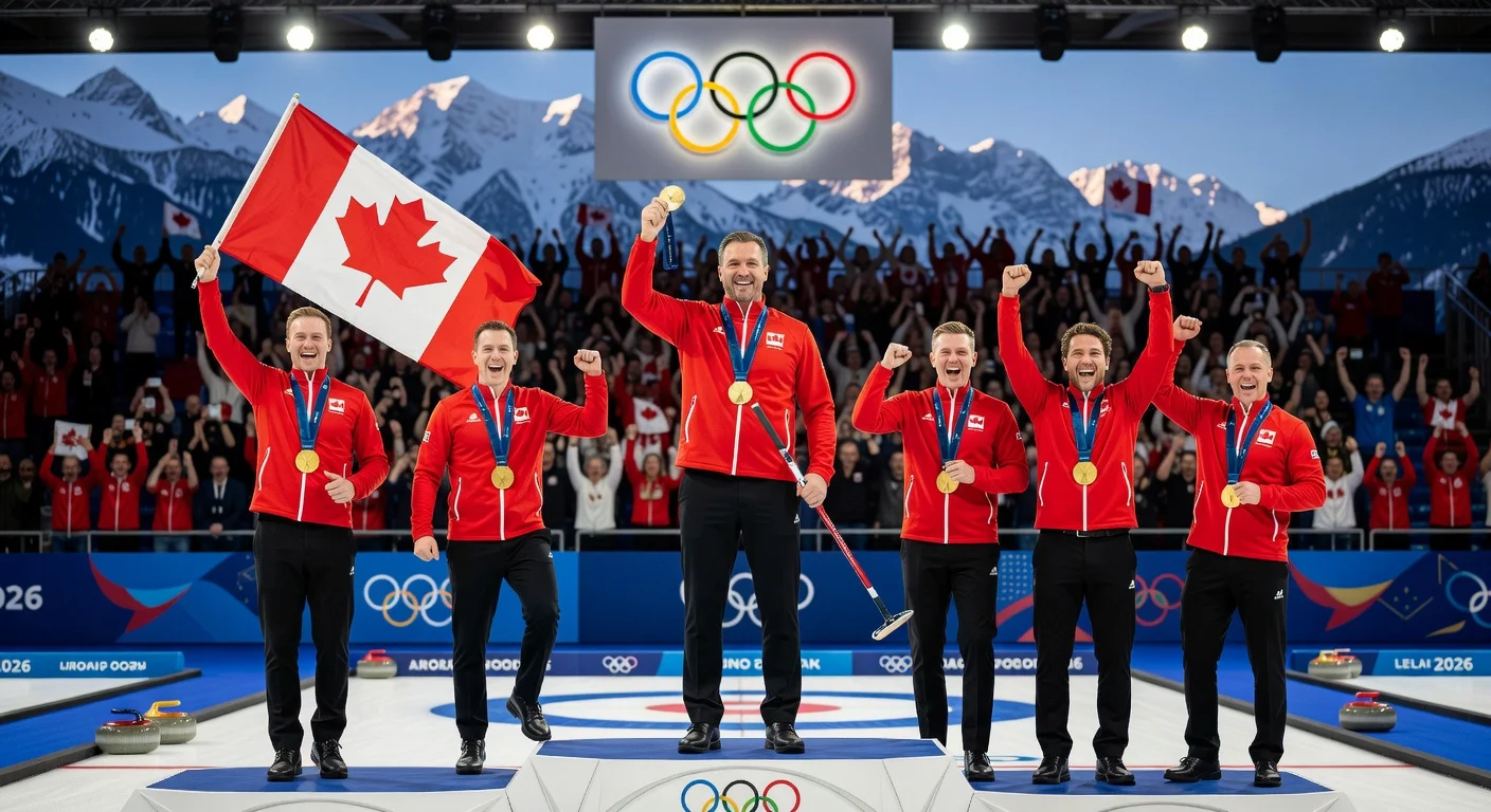 Canada's men's curling team on the gold medal podium at the 2026 Winter Olympics, celebrating victory over Britain after double-touching controversy.
