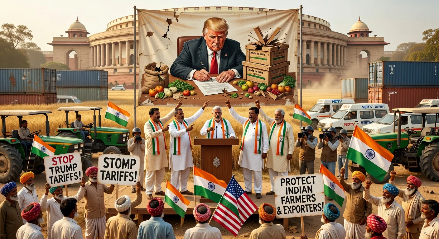 Opposition leaders and farmers protesting India-US trade deal amid Trump tariffs, photorealistic news illustration.