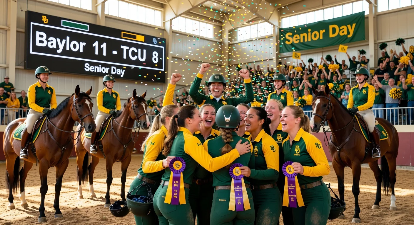 Baylor equestrian riders celebrate 11-8 upset win over No. 7 TCU on senior day.