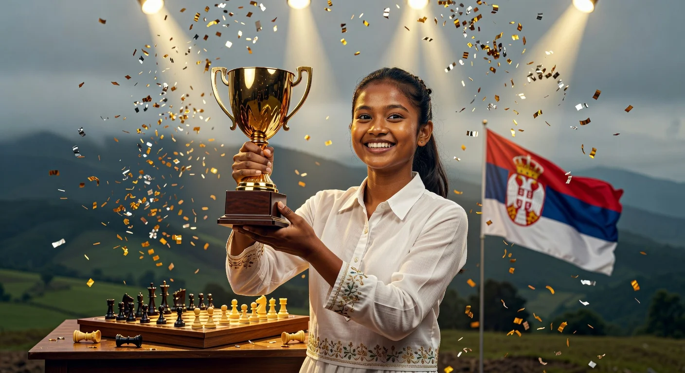 Triumphant 15-year-old Arshiya Das from Tripura, Northeast India's first Woman International Master, holding her chess trophy after winning in Serbia.