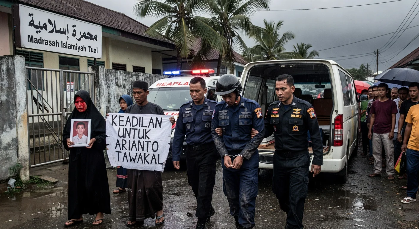 News illustration of detained Brimob officer outside Maluku madrasah after fatal assault on student, with grieving family demanding justice.