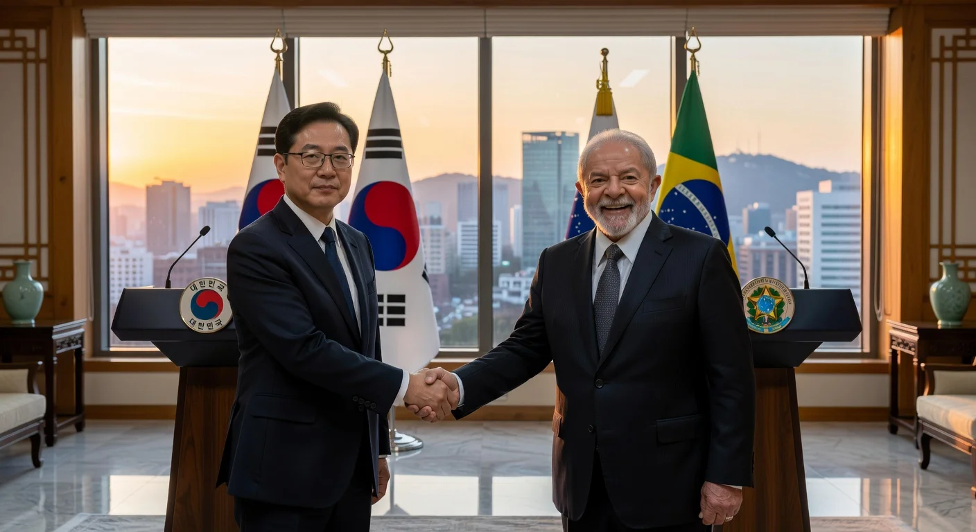 South Korean President Lee Jae-myung shakes hands with Brazilian President Lula da Silva ahead of summit talks in Seoul.