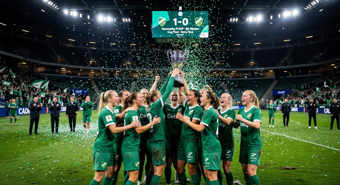 Hammarby women's team celebrating their 1-0 extra-time cup victory over Häcken at 3 Arena with a modest crowd.
