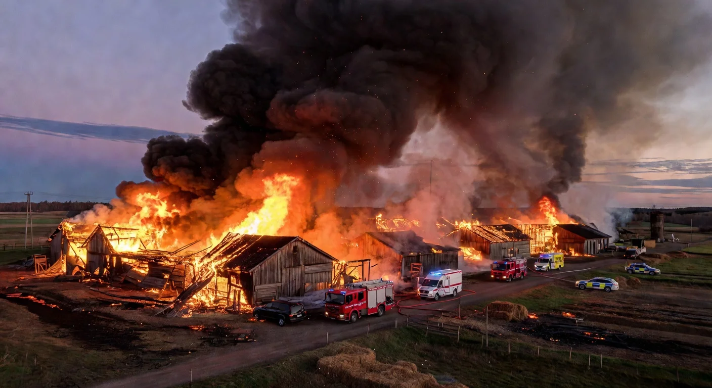 Dramatic scene of a chicken farm fire with thick smoke at dusk, emergency vehicles nearby, for news illustration of 48000 chickens killed.