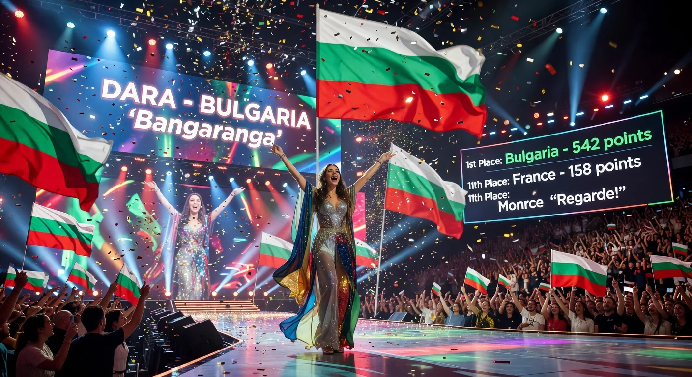 Illustration of Bulgaria's Eurovision 2026 victory with Dara on stage and France in 11th place.