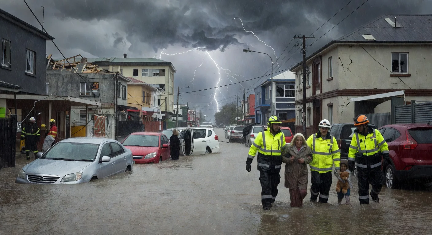 A realistic depiction of flooding and storm damage in South Africa, with rescue efforts amid heavy rain and lightning.