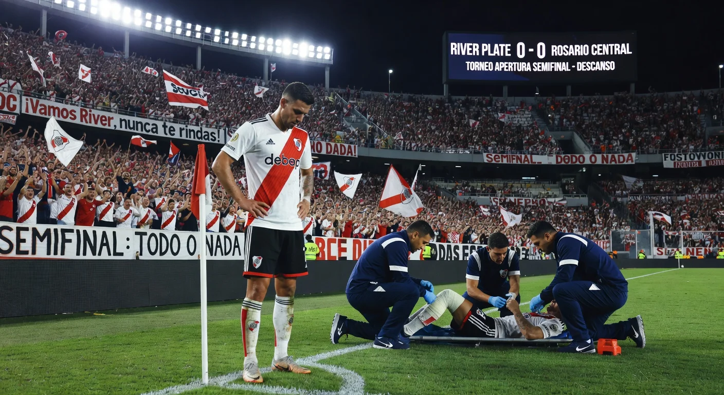 Image of a soccer match at Monumental Stadium showing River Plate and Rosario Central's 0-0 halftime draw, with a missed penalty and player injury.