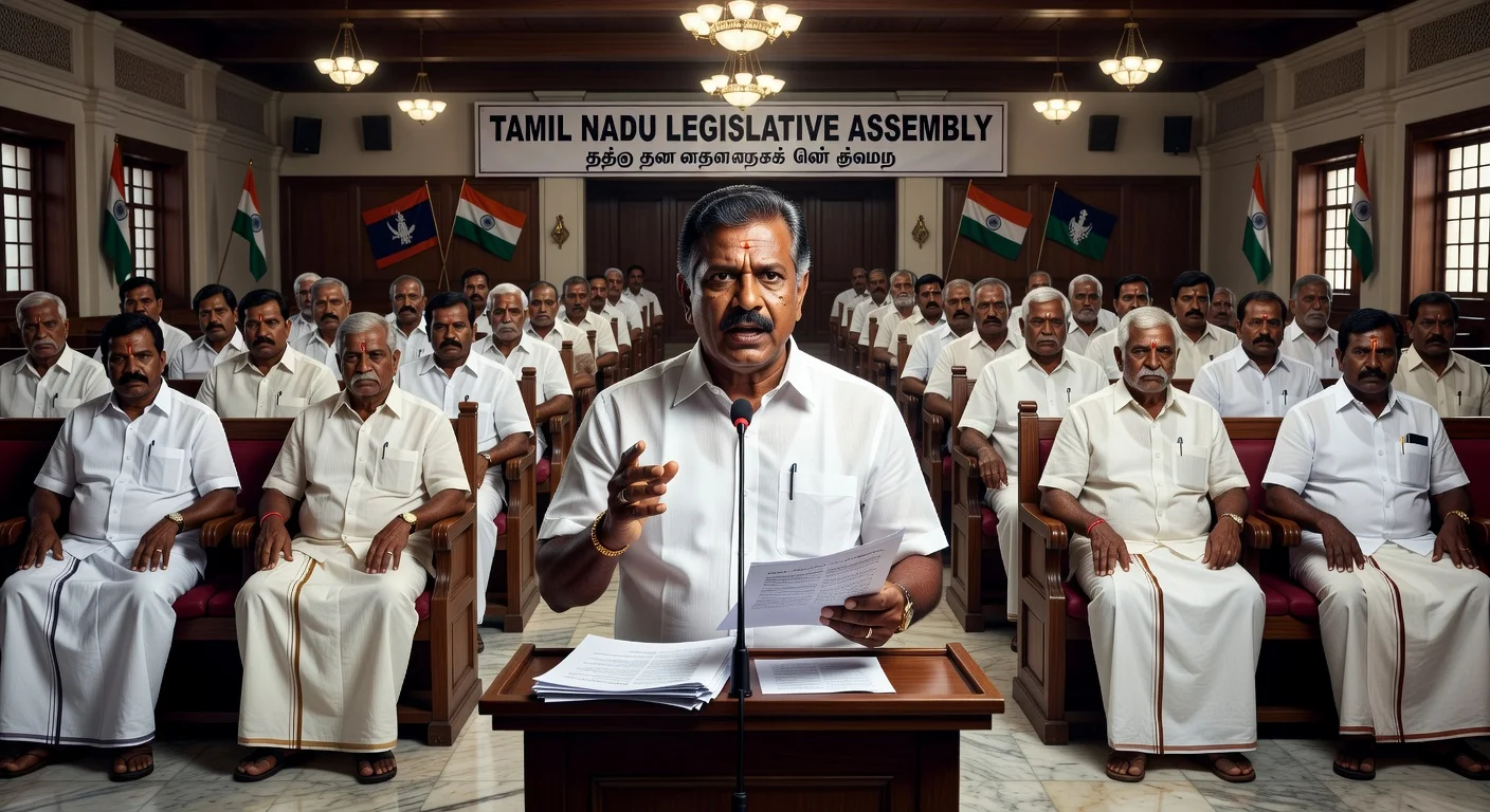 AIADMK legislators facing anti-defection proceedings in a legislative assembly, with their leader addressing the situation.