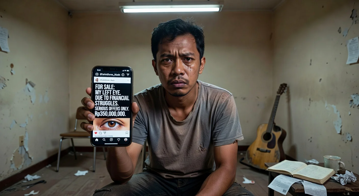 Photorealistic depiction of Calvin Dores displaying his Instagram offer to sell an eye for money amid hardship.