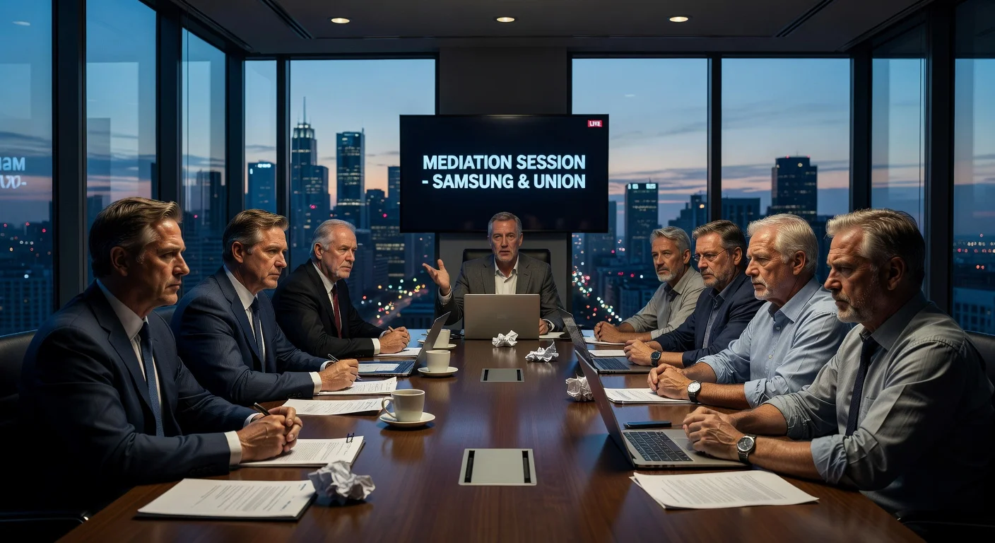 Business meeting between Samsung Electronics and union representatives during mediation talks.