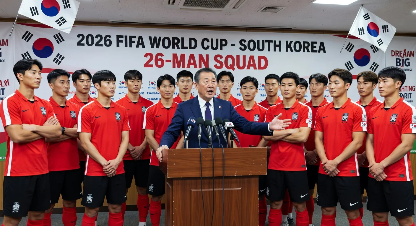 Coach Hong Myung-bo announcing the South Korean football squad for the 2026 World Cup in Seoul.