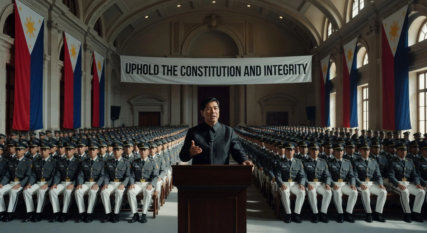 President Ferdinand Marcos Jr. addressing Philippine Military Academy graduates, emphasizing constitutional loyalty and integrity.
