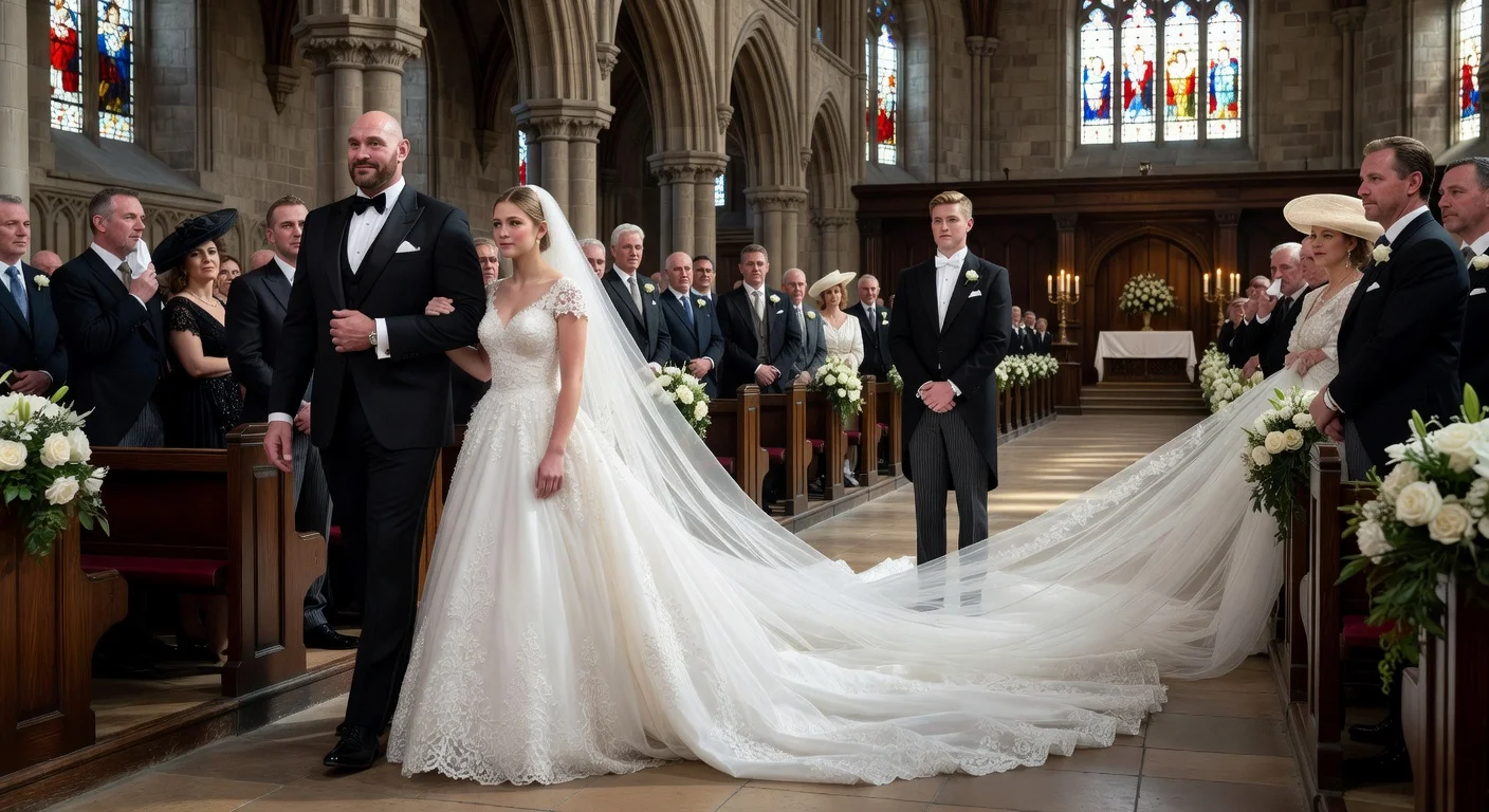 Tyson Fury walking his daughter Venezuela down the aisle at her wedding to Noah Price on the Isle of Man, with her long wedding train.